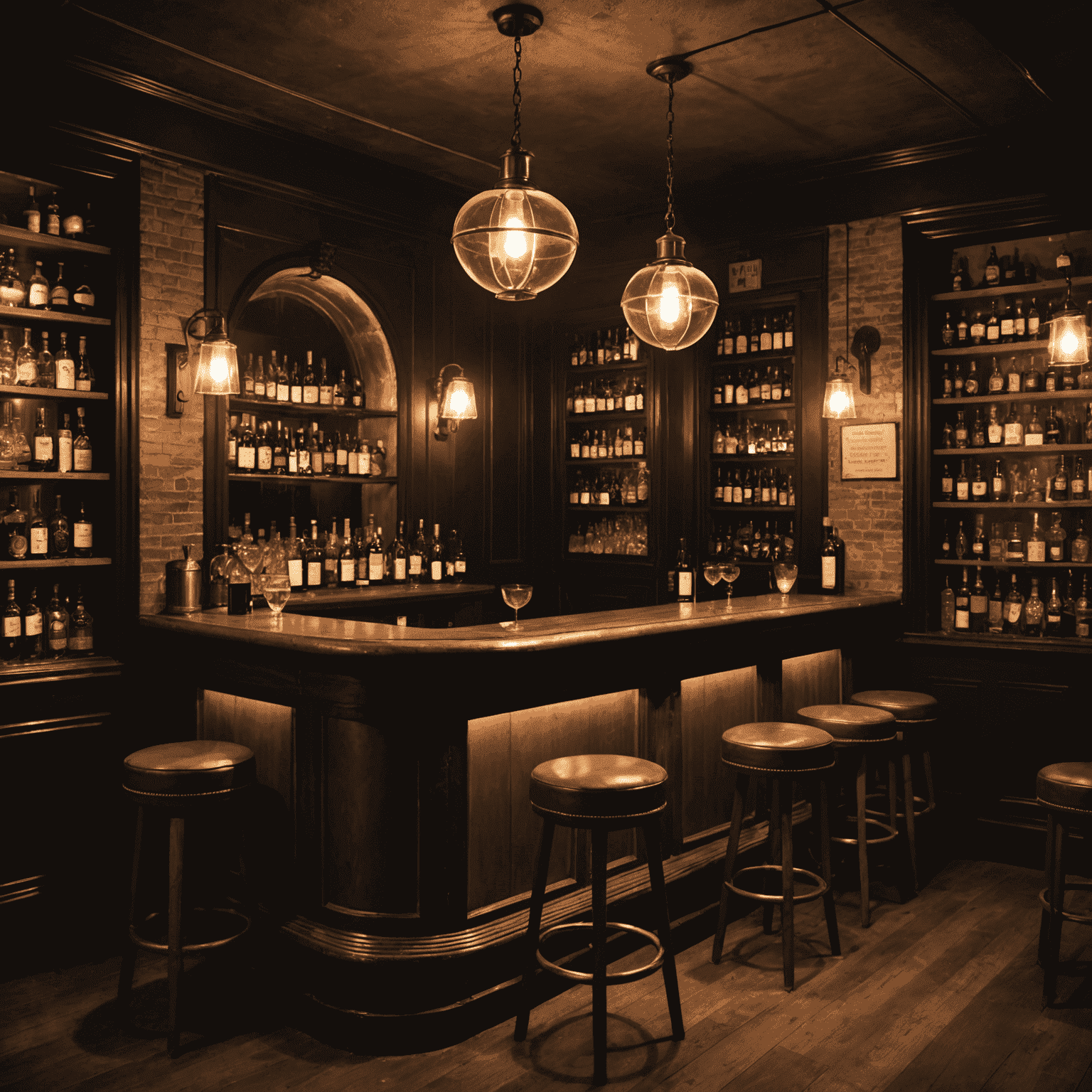 An intimate, underground speakeasy bar with vintage decor, dim lighting, and craft cocktails