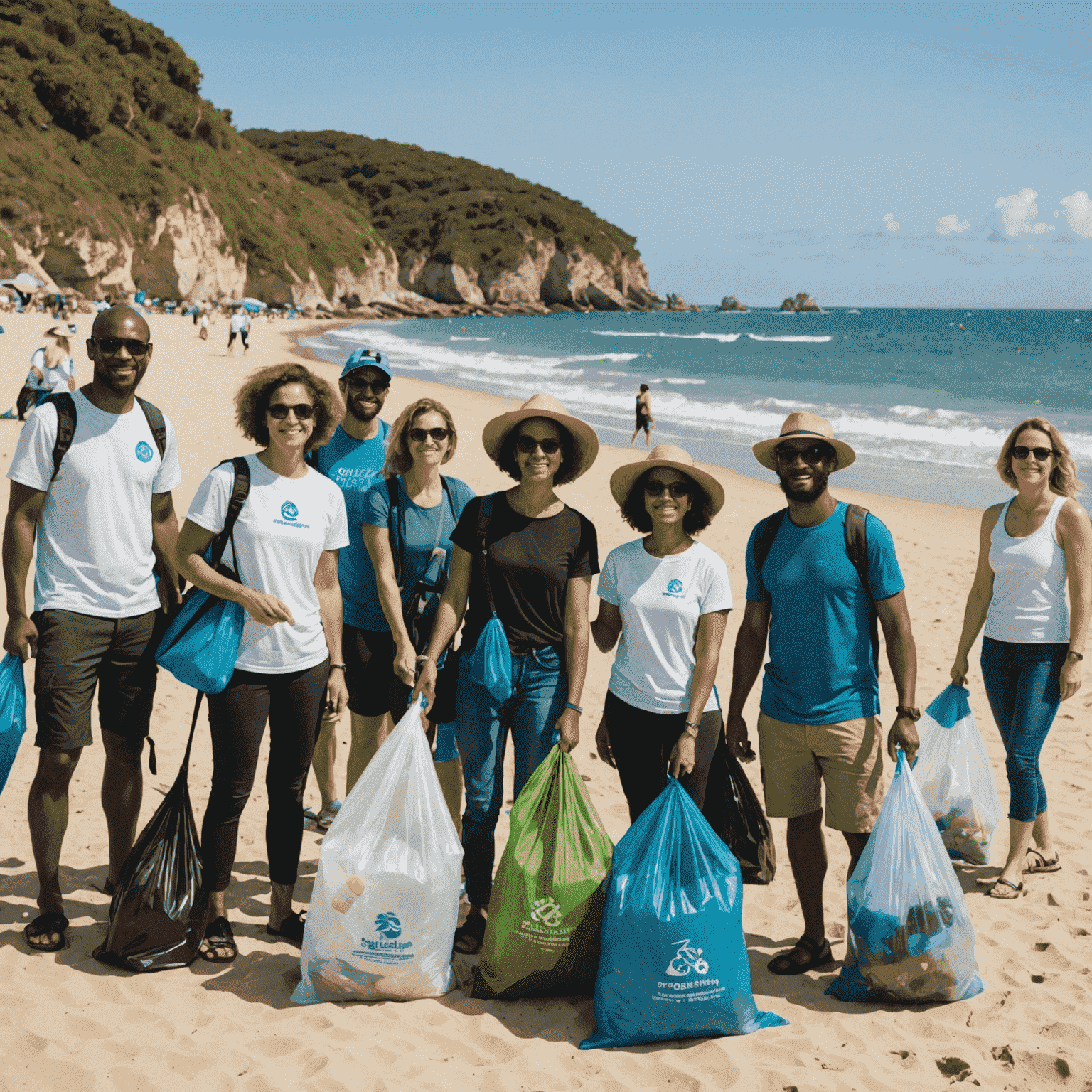 A diverse group of tourists participating in a beach clean-up, showcasing sustainable tourism practices