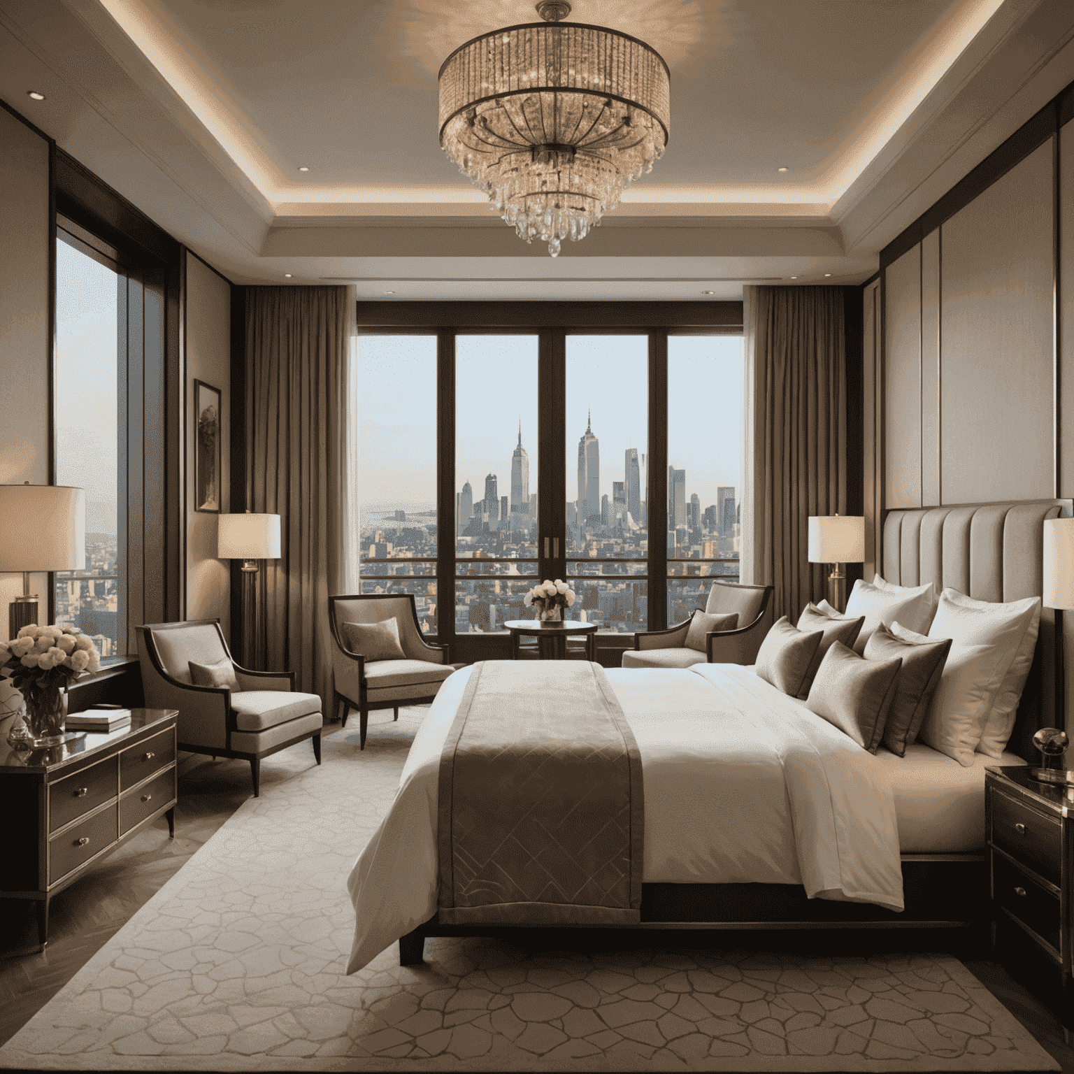 A luxurious hotel room with a king-size bed, elegant furnishings, and a panoramic city view