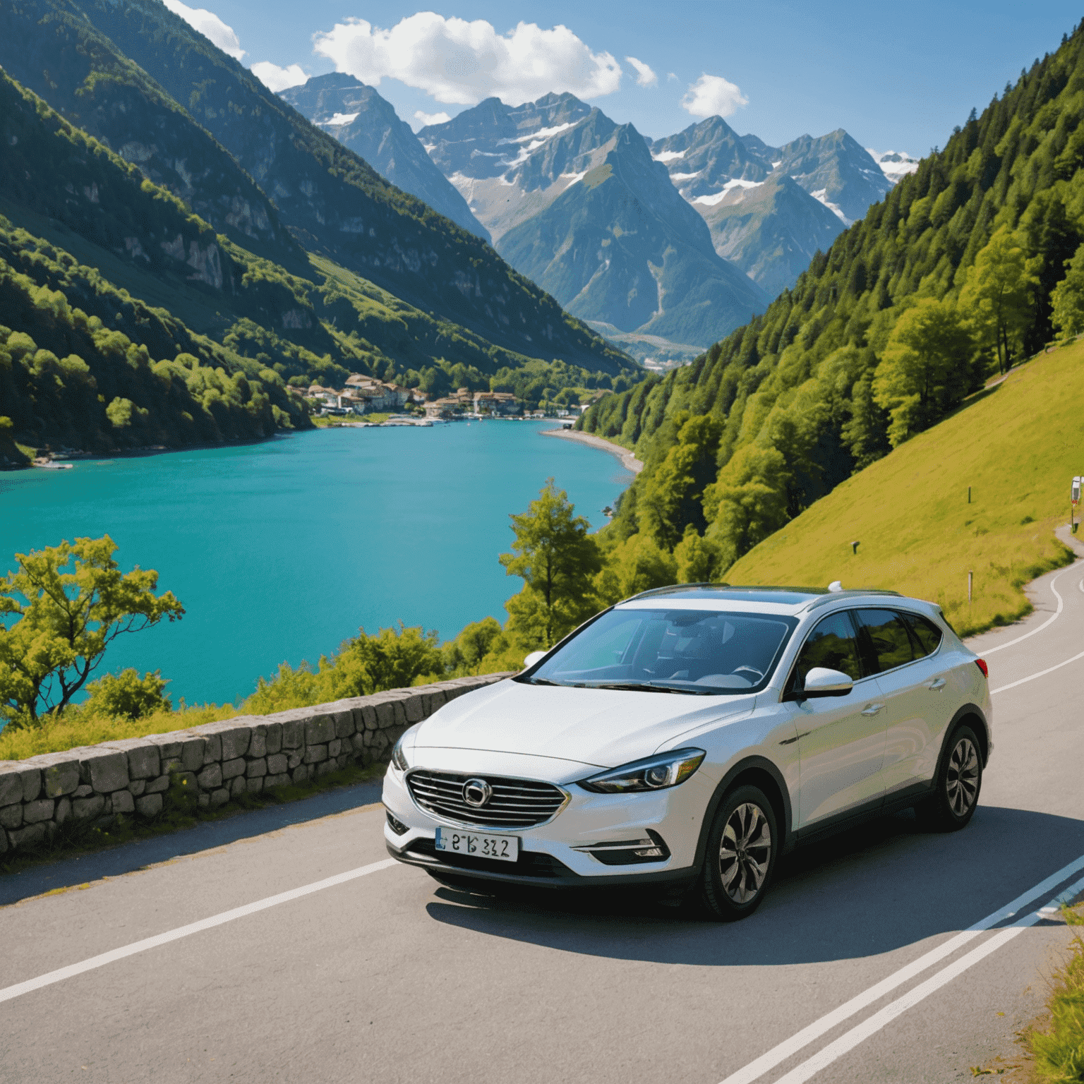 A modern car parked in a scenic location, ready for rental by tourists