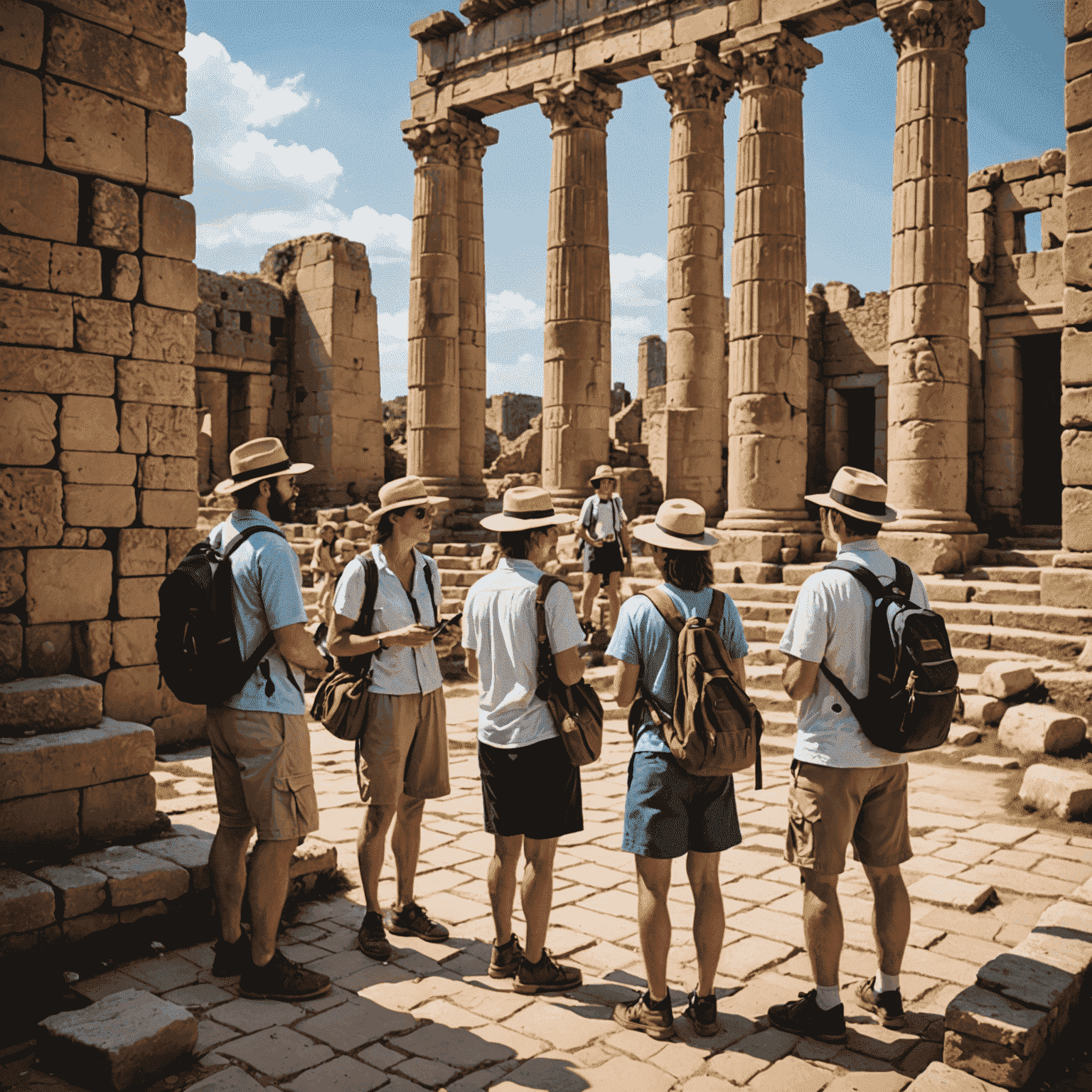 A group of tourists exploring ancient ruins with a knowledgeable guide explaining the historical significance of the site