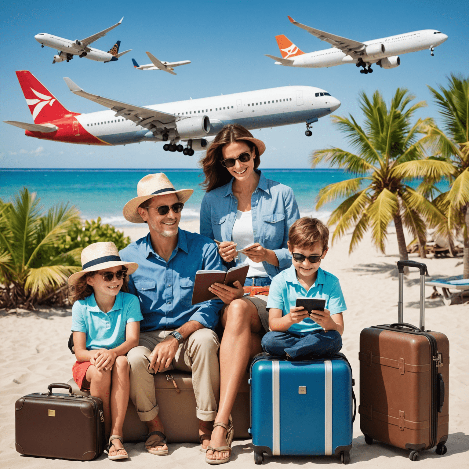 A collage of travel-related images: a passport, airplane, suitcase, and a family on vacation, symbolizing the comprehensive coverage of travel insurance