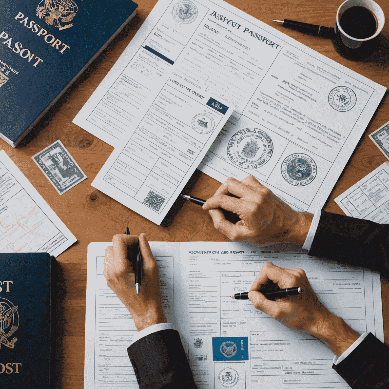 A collage of passport stamps, visa documents, and a person filling out application forms