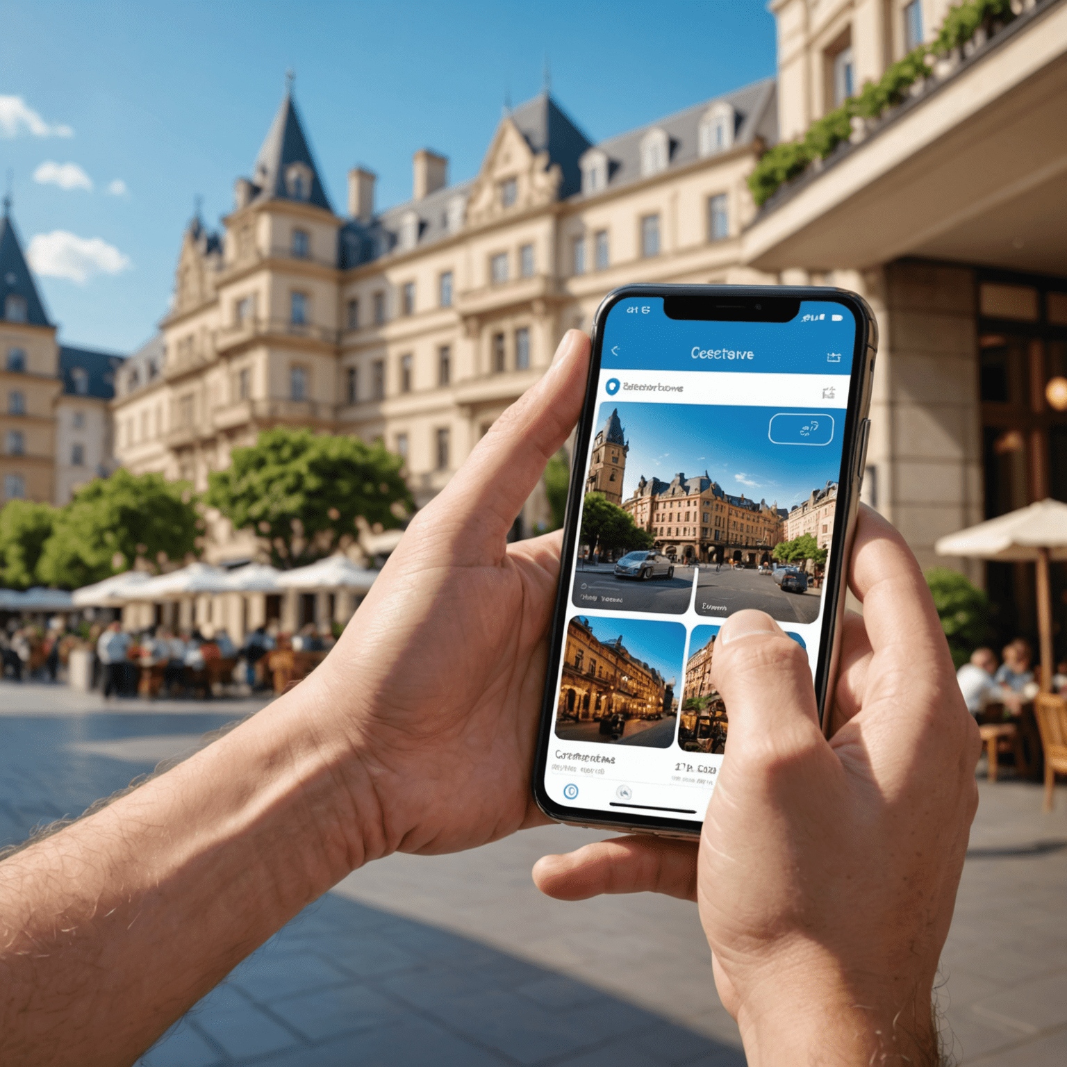 Tourist using a smartphone app to access various hotel services and local attractions