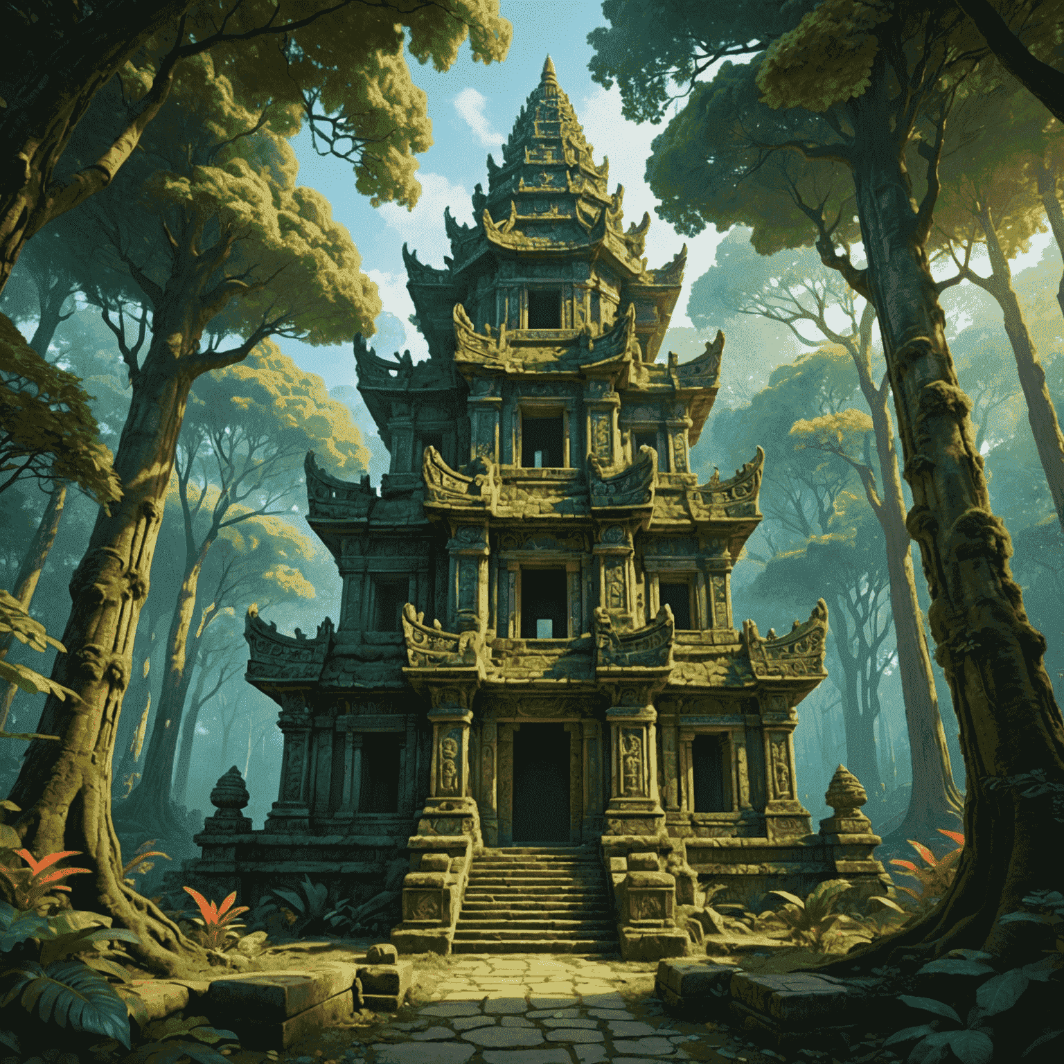 An ancient, ornate temple hidden in a dense forest with intricate carvings and vibrant colors