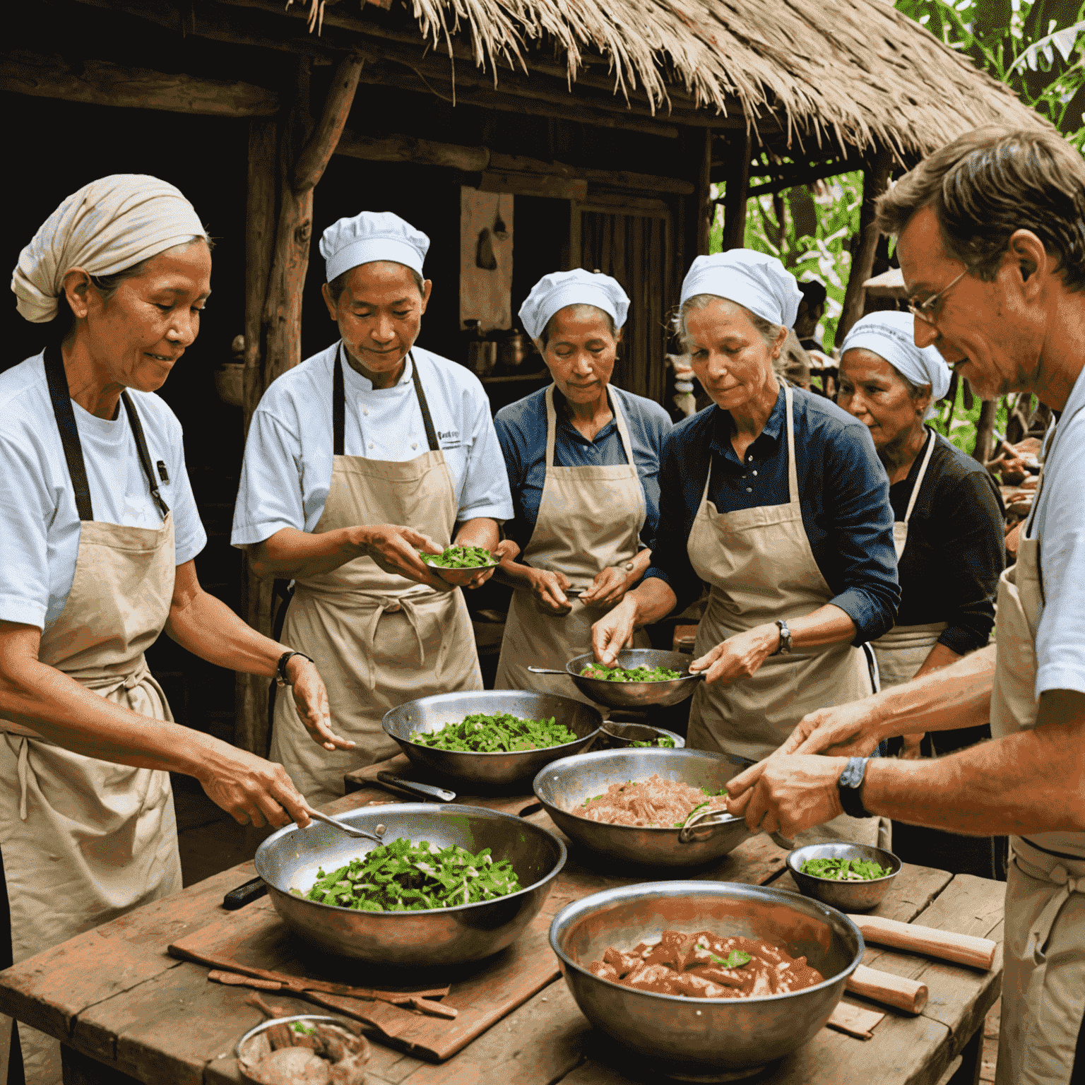 Tourists participating in a traditional cooking class with local community members, highlighting cultural exchange in sustainable tourism