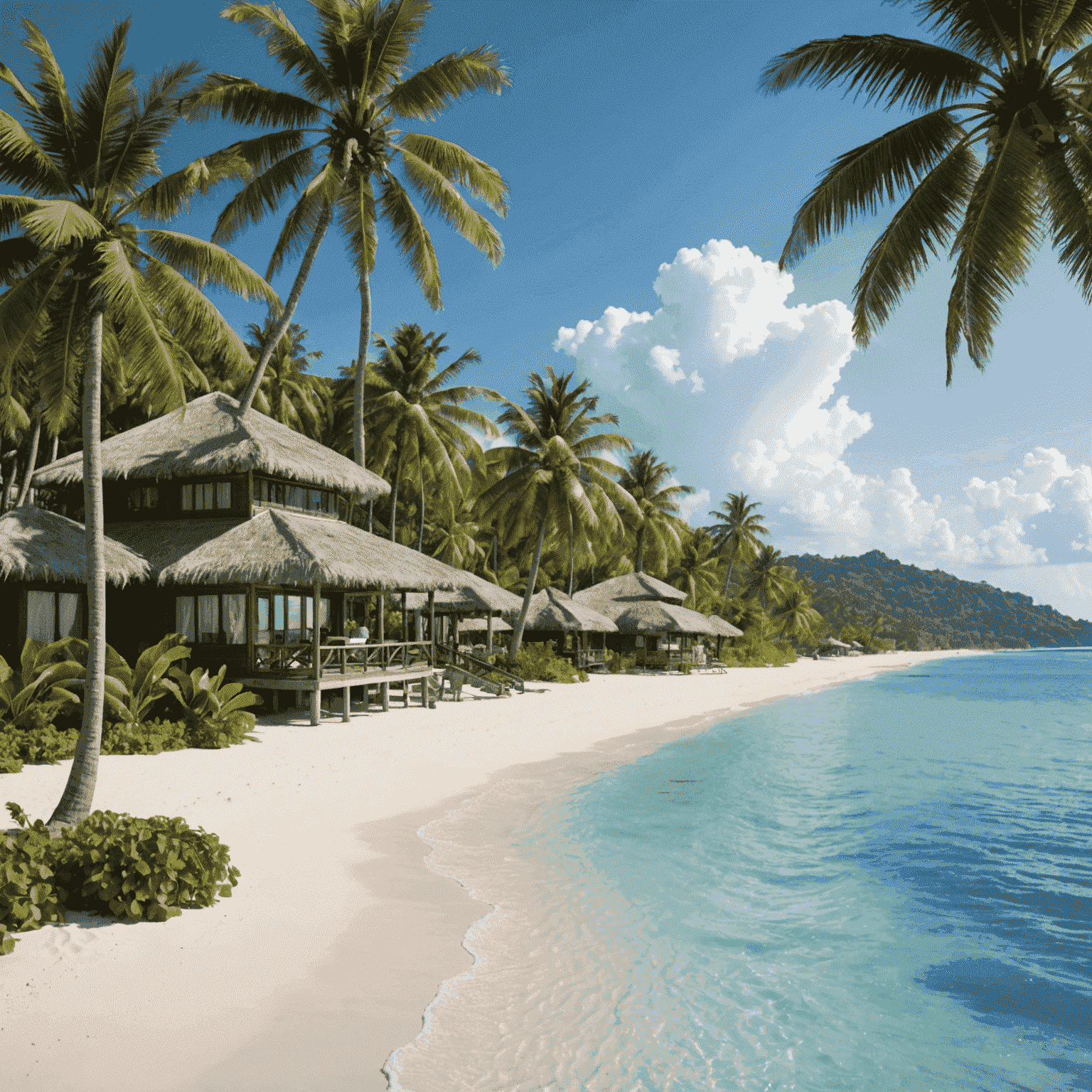 A stunning beachfront resort with palm trees, white sand, and crystal-clear water