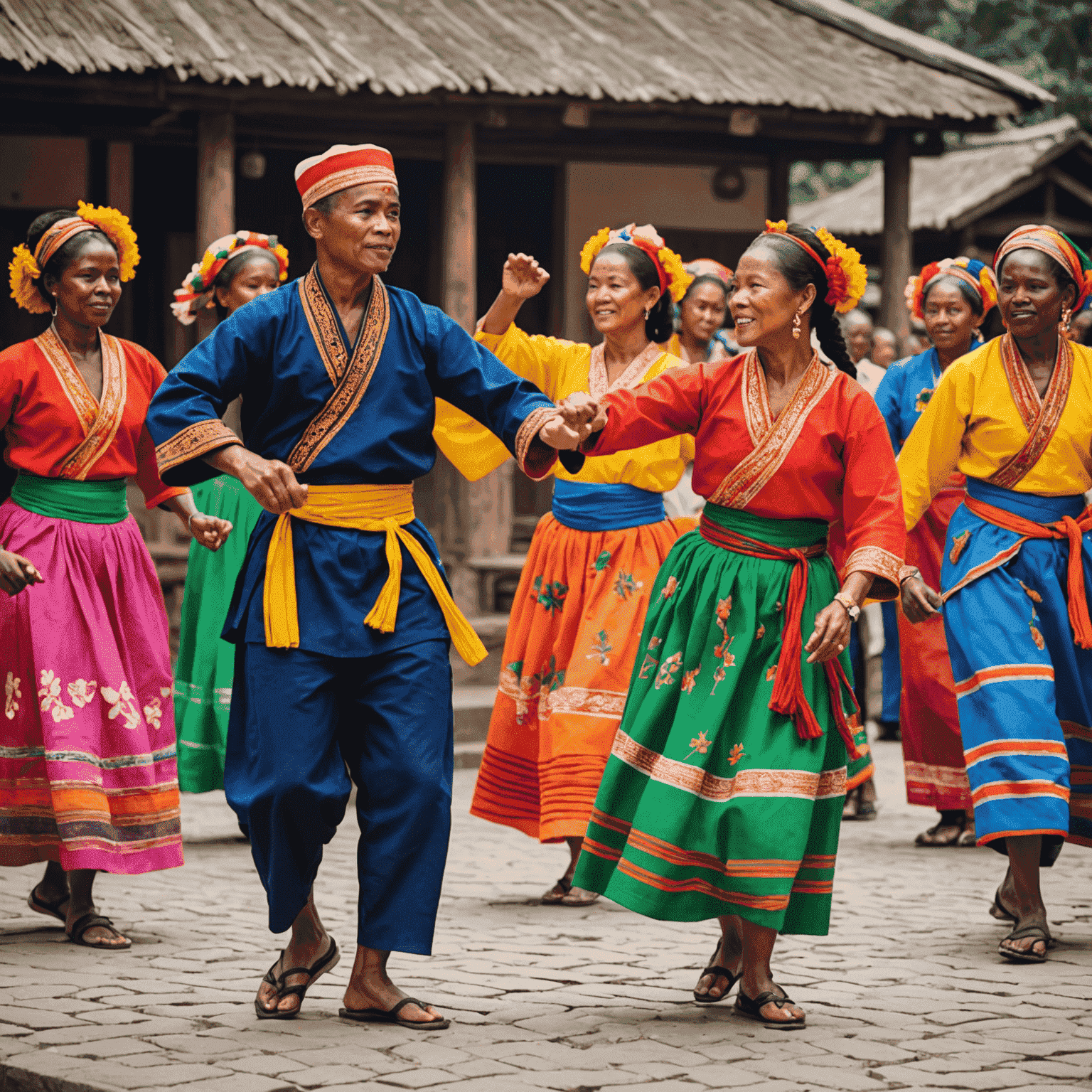 Tourists participating in a traditional dance workshop, learning moves from local instructors in colorful traditional attire