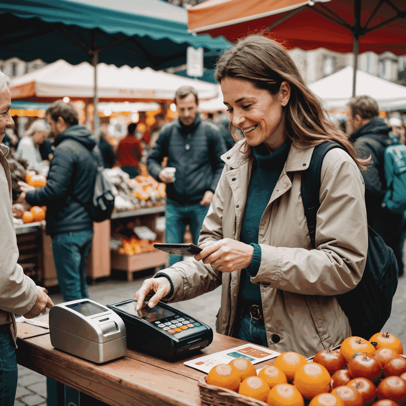 Tourist using a contactless payment method at a local market