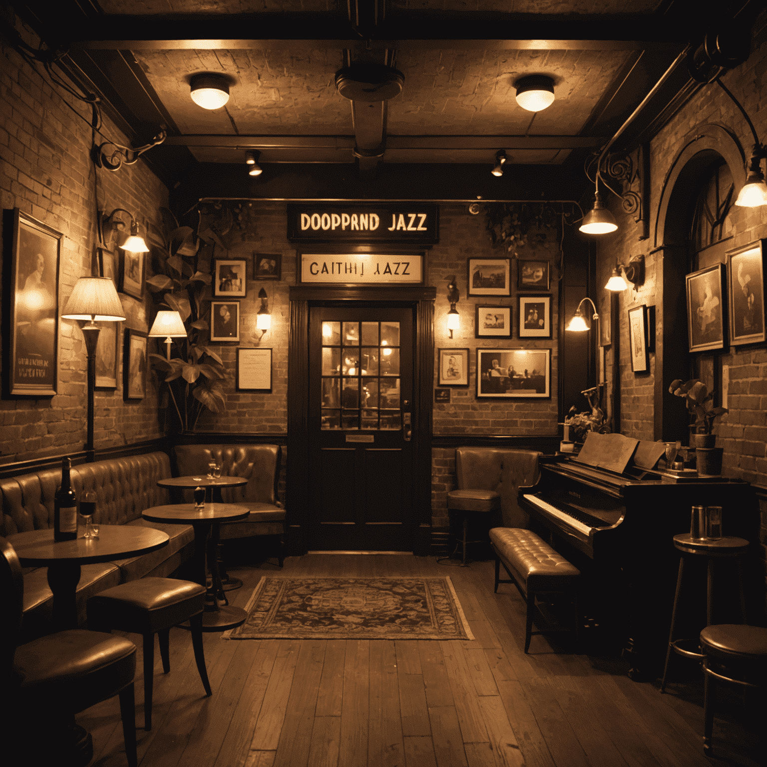 A cozy, dimly lit underground jazz club with vintage decor and live performers on stage