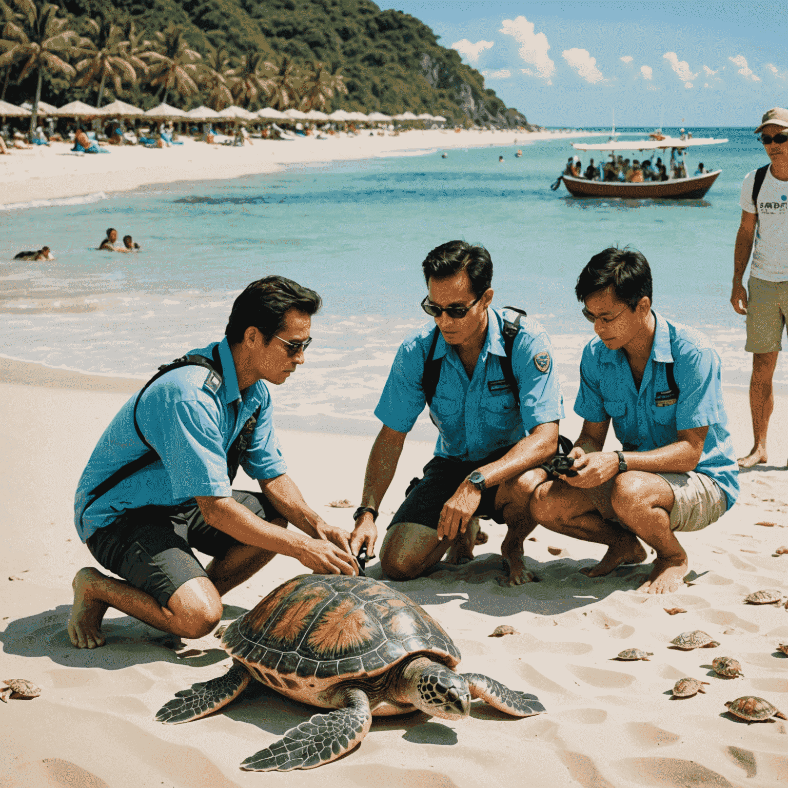 Tourists observing and helping to protect sea turtles on a conservation-focused beach tour