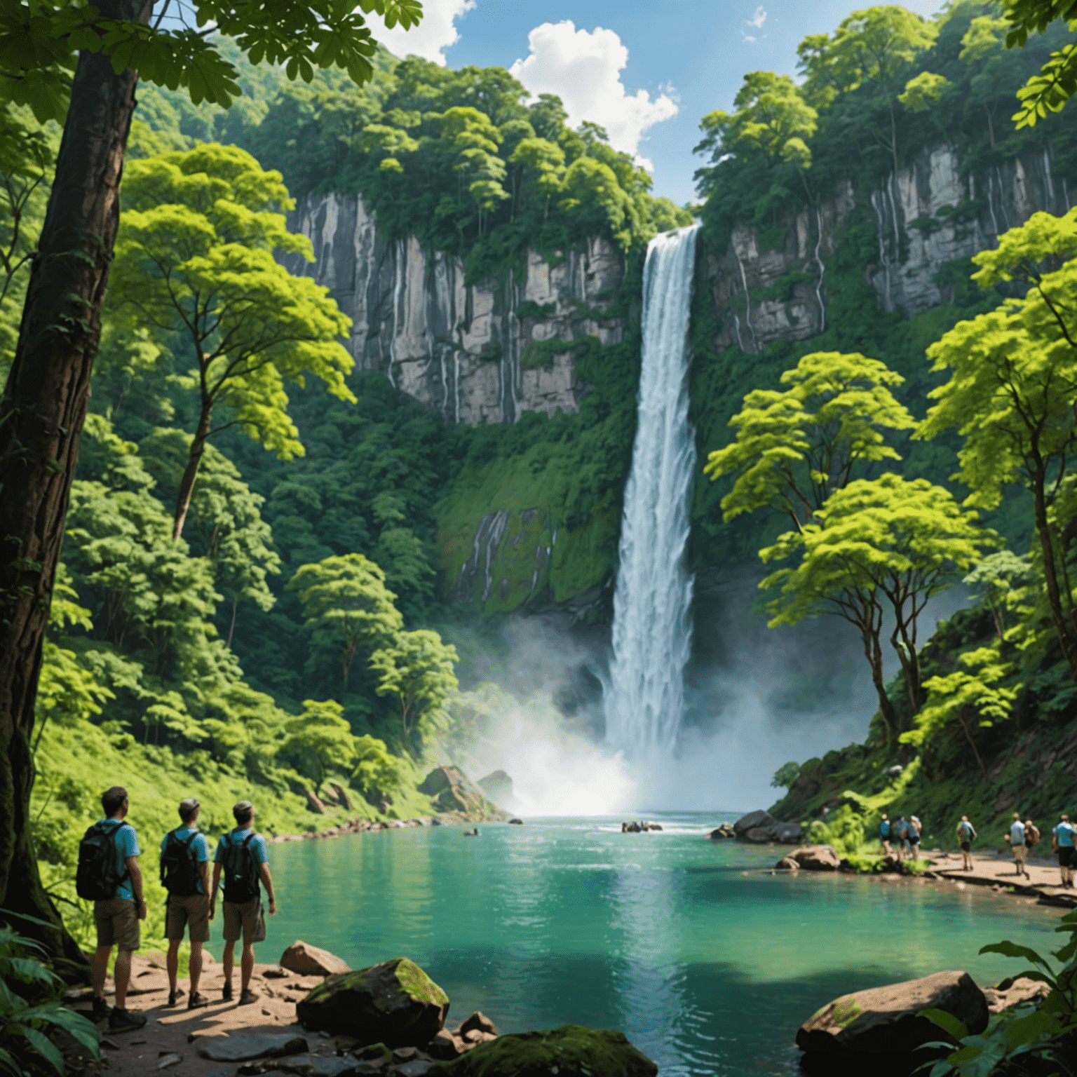 A breathtaking view of tourists admiring a majestic waterfall in a lush forest, guided by a local nature expert