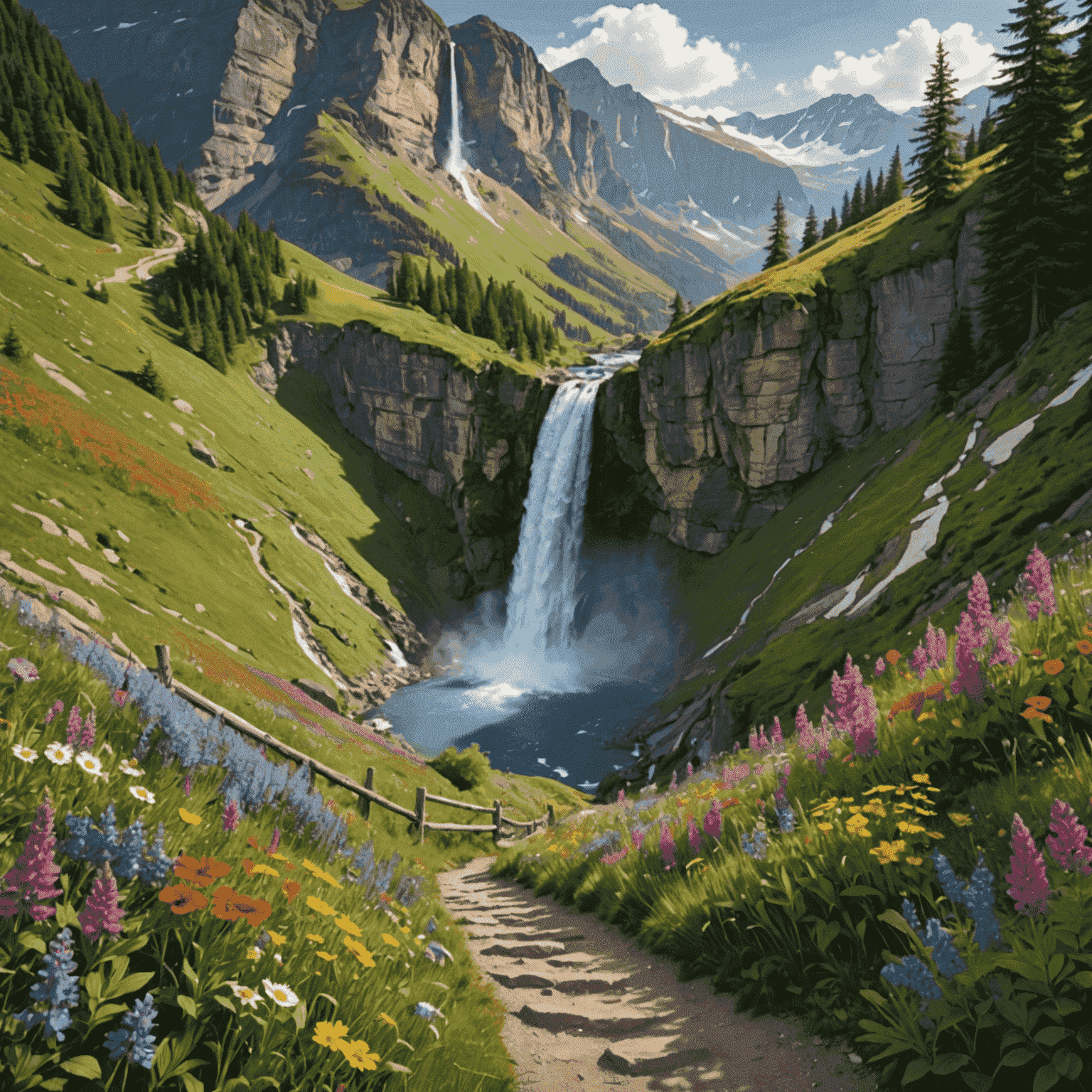 A picturesque mountain trail leading to a stunning waterfall, surrounded by colorful wildflowers