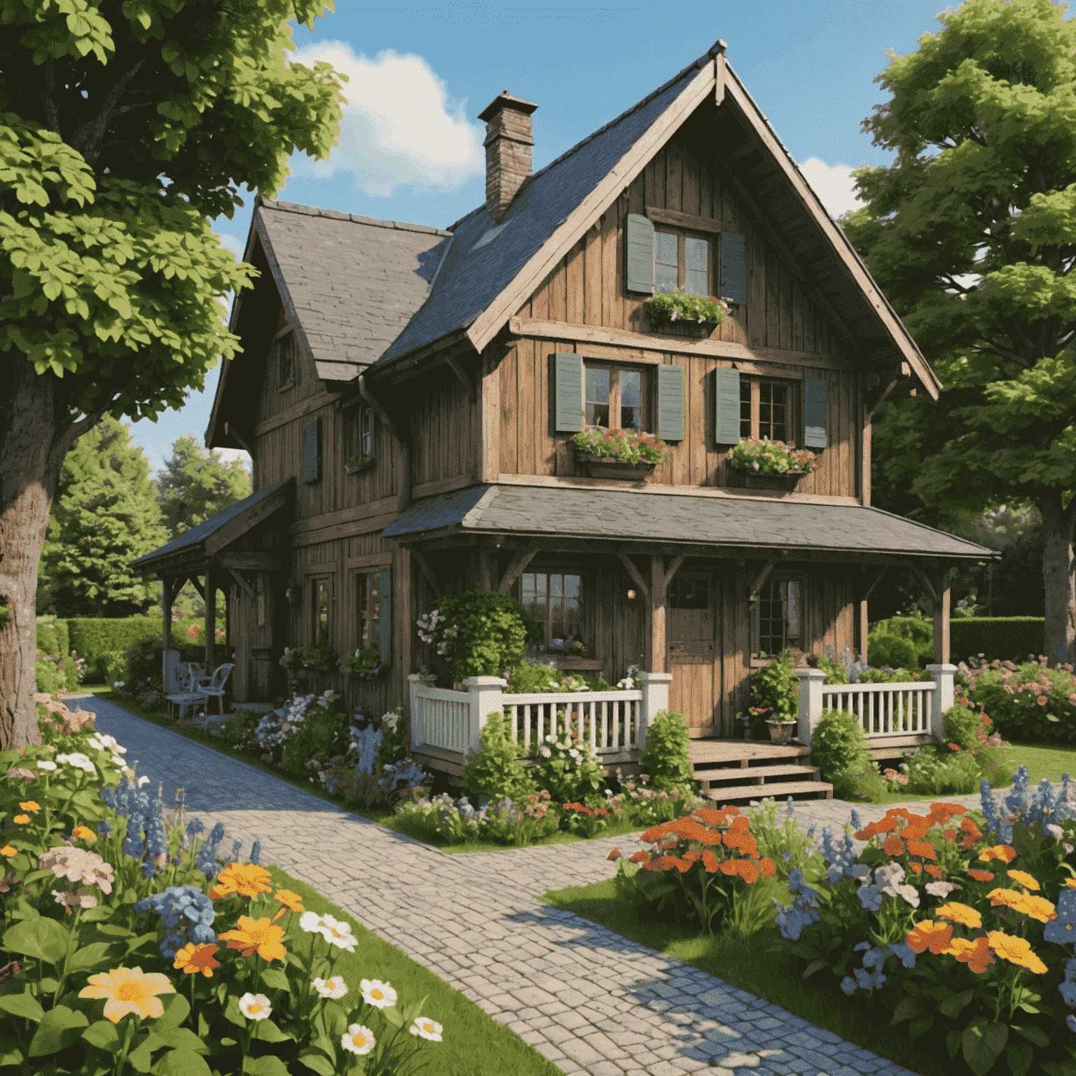 A charming vacation rental cottage with a wooden exterior and flower garden