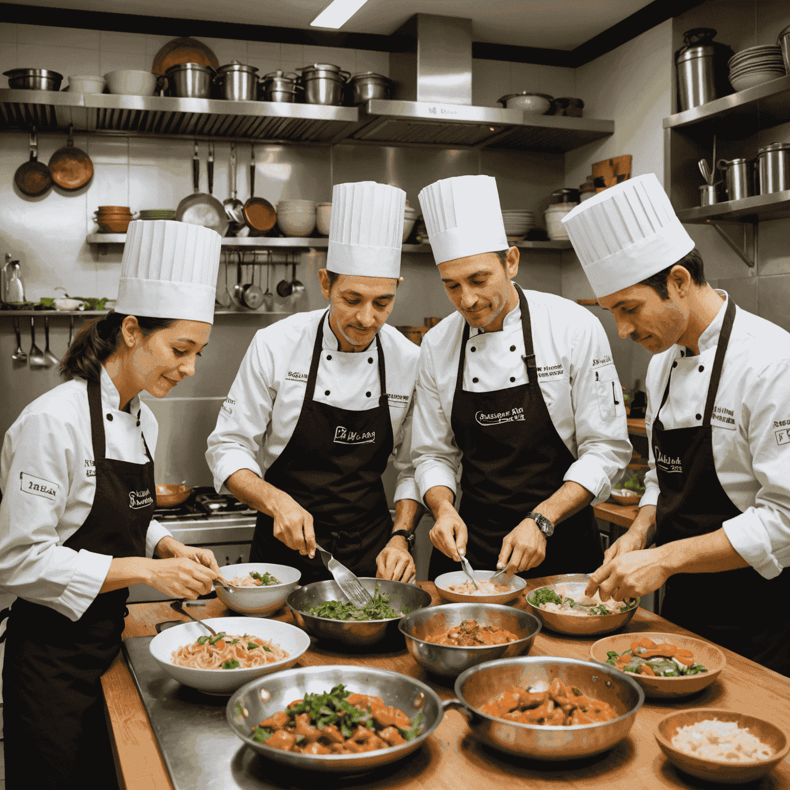 A group of tourists enjoying a cooking class, learning to prepare local dishes from a professional chef in a modern kitchen