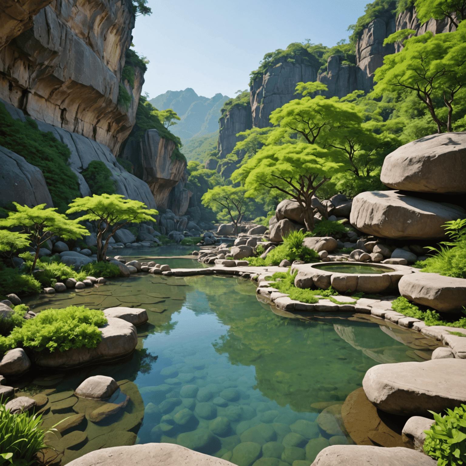 A serene, lesser-known hot spring surrounded by natural rock formations and lush greenery