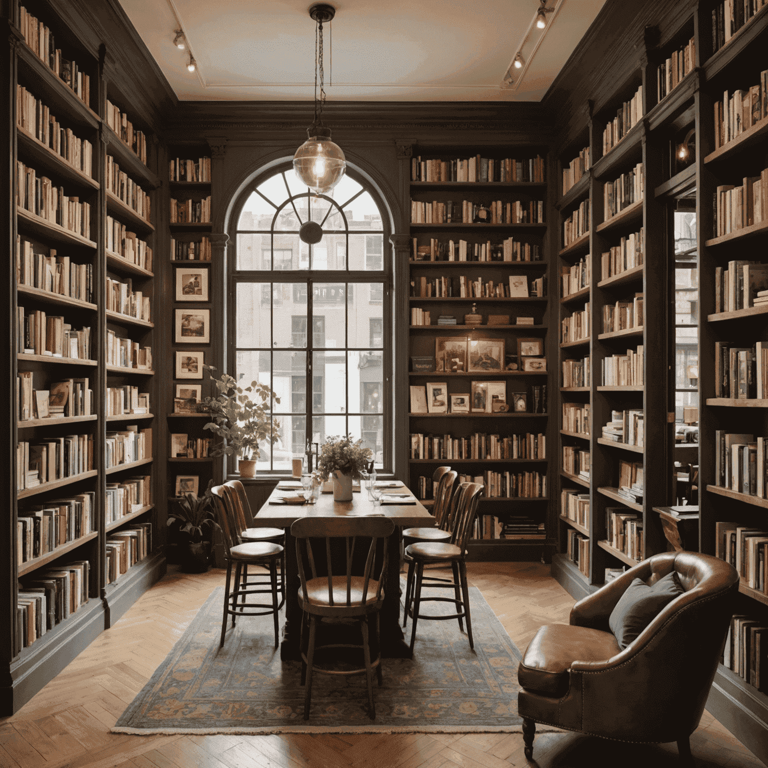 A charming bookstore cafe with floor-to-ceiling bookshelves, cozy reading nooks, and a vintage coffee bar