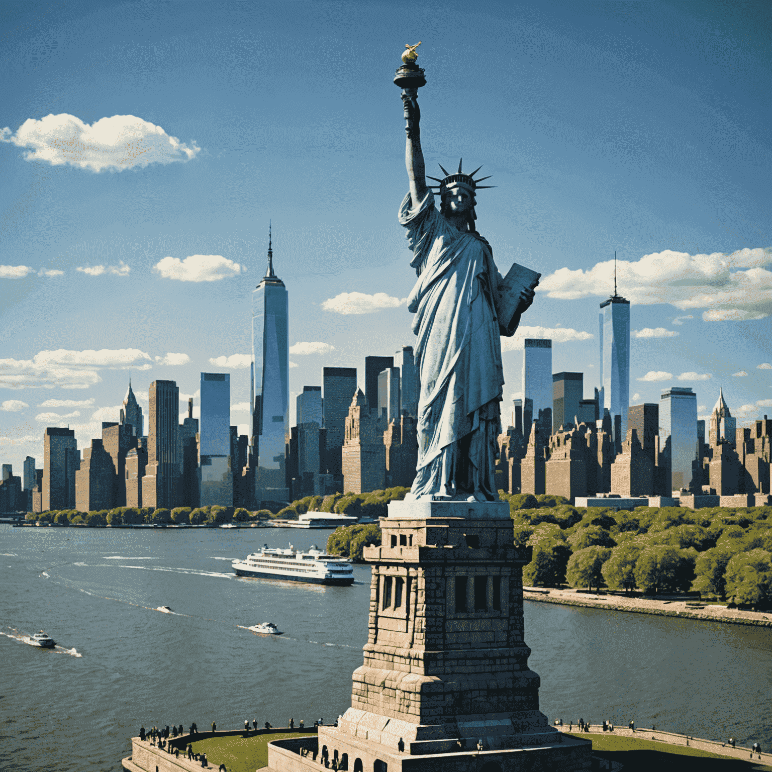 The New York City skyline featuring the Statue of Liberty