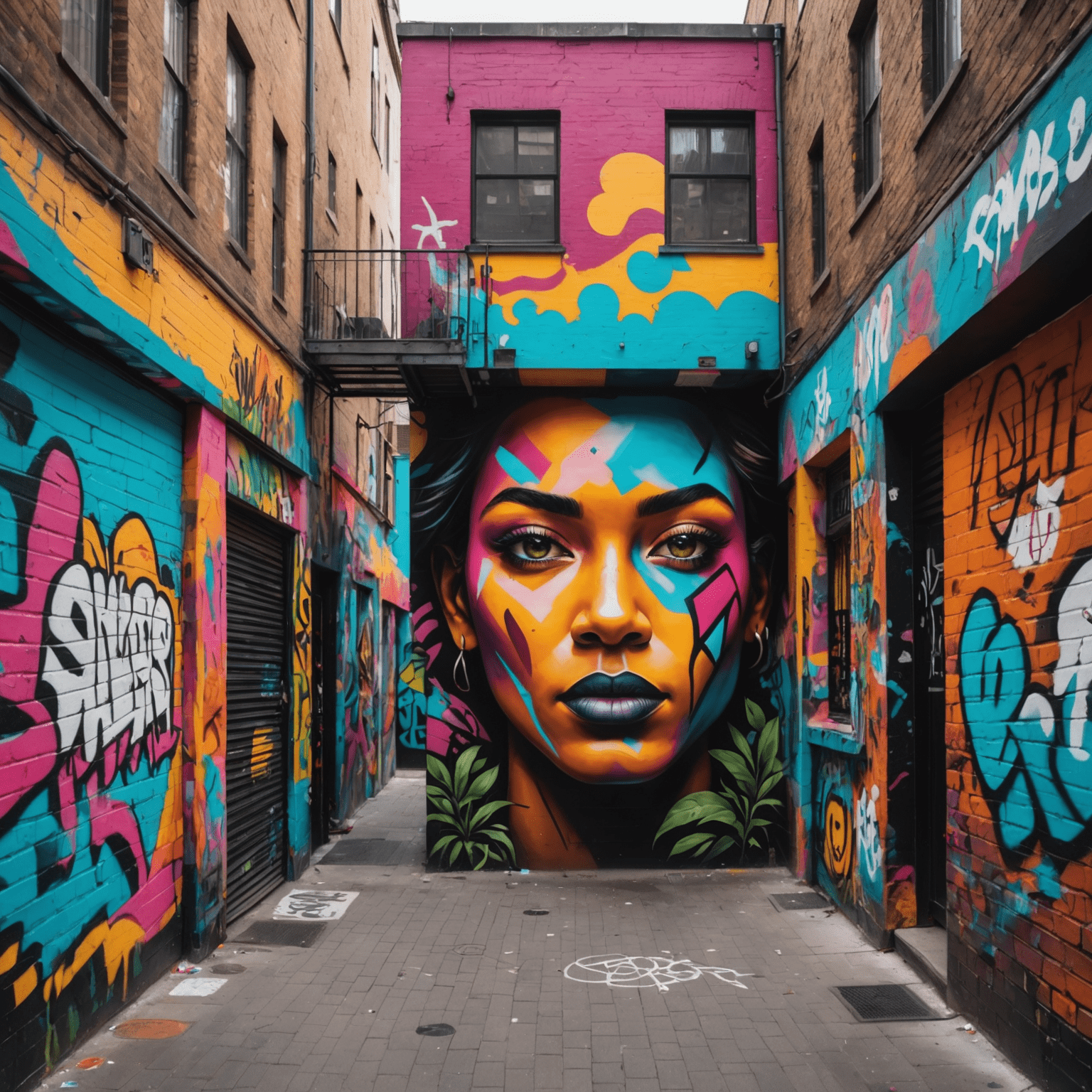 A vibrant street art alley with colorful murals, graffiti, and interactive installations