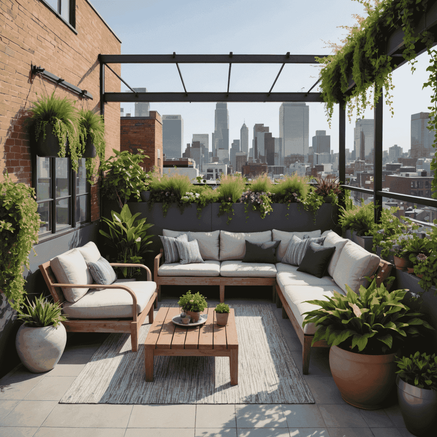 A tranquil rooftop garden with panoramic city views, hanging plants, and comfortable seating areas